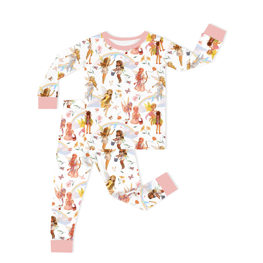 Dancing Fairy Friends Rainbow Flowers Journey Kids Two Piece Pajama Set bamboo clothing design - baby apparel bamboo clothing with custom design - baby wear front view