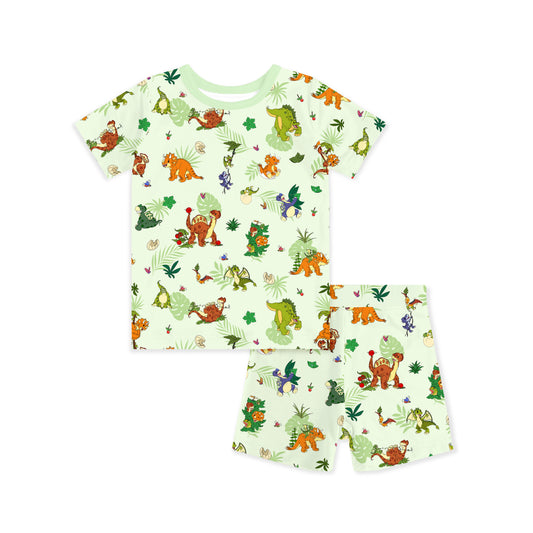 Prehistoric Dino Pals Jungle Playtime Sage Green Kids Bamboo Two Piece Pajama Short Sleeve Set bamboo clothing design - baby apparel bamboo clothing with custom design - baby wear front view