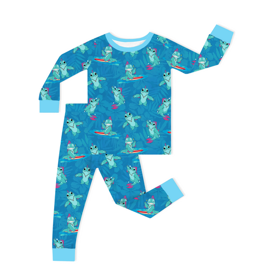 Surfing Dino Ocean Island Two Piece Pajama Set bamboo clothing design - baby apparel bamboo clothing with custom design - baby wear front view