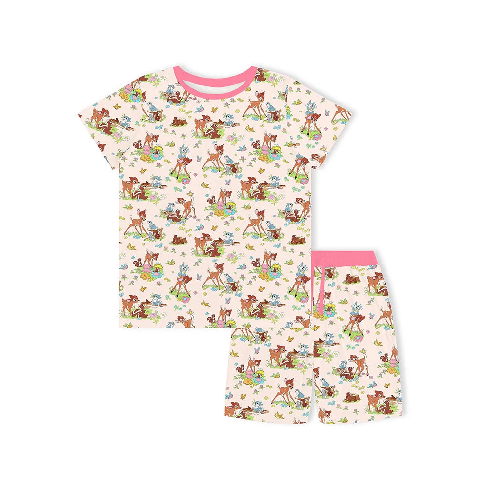 Little Deer Flowers Animals Pink Bamboo Family Short Matching Pajamas