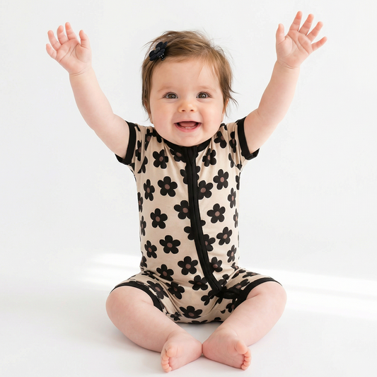Black Daisy Short Bamboo Zippy Baby Romper bamboo clothing design - baby apparel bamboo clothing with custom design - baby wear front view
