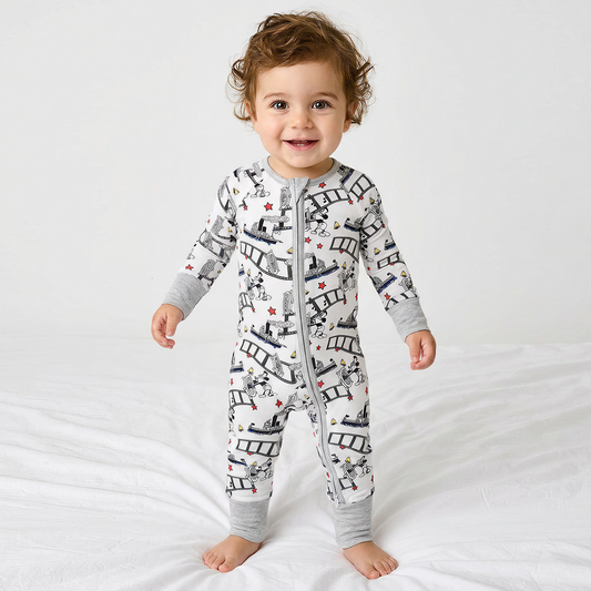 Cartoon Mouse Cruise Ship Print Bamboo Viscose Zip Romper Pajamas bamboo clothing design - baby apparel bamboo clothing with custom design - baby wear front view