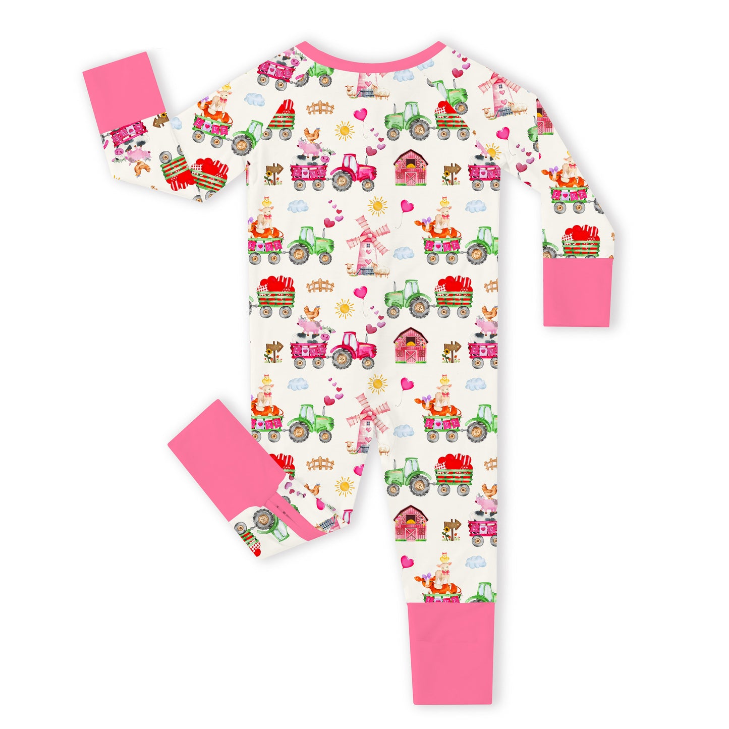 Valentine Farm Adventure Ride and Hearts Pink Bamboo Zipper Romper Pajamas