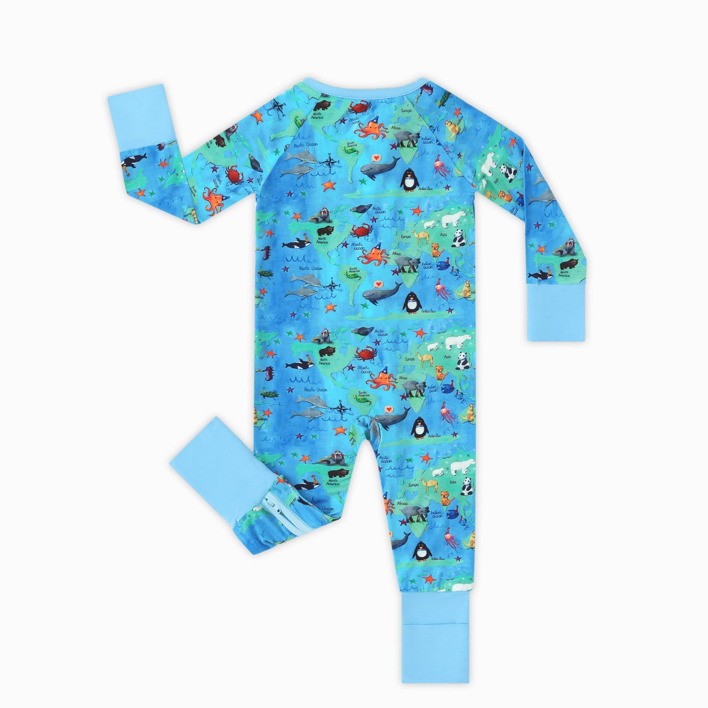 Baby Bamboo Zipper Pajama Romper World Map Animal Pals Adventure