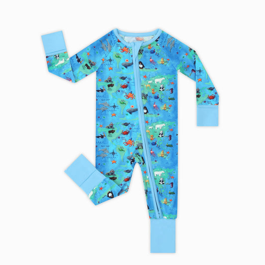World Map Animal Pals Adventure Bamboo Zipper Romper Pajamas 1 bamboo clothing design - baby apparel bamboo clothing with custom design - baby wear front view