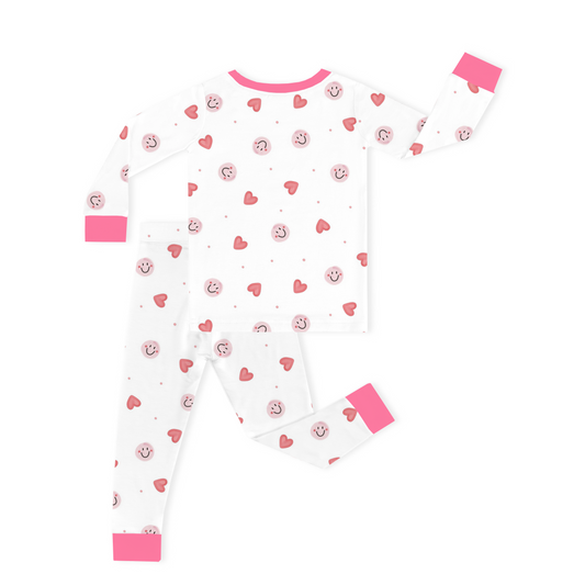 Sweet Hearts And Smiley Faces Pink Kids Two Piece Pajama Set bamboo clothing design - baby apparel bamboo clothing with custom design - baby wear front view