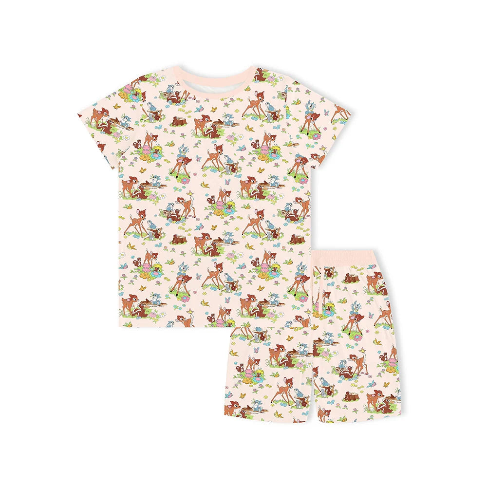 Little Deer Flowers Animals Bamboo Family Short Matching Pajamas