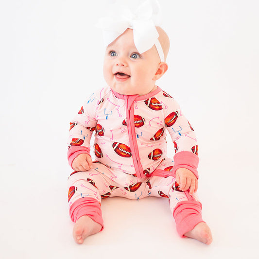 Pink American Football Baby Bamboo Zipper Romper bamboo clothing design - baby apparel bamboo clothing with custom design - baby wear front view