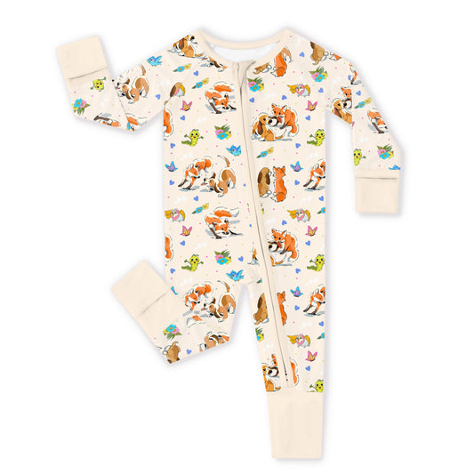 Playful Pups Foxs And Butterflies Bamboo Zipper Romper Pajamas bamboo clothing design - baby apparel bamboo clothing with custom design - baby wear front view