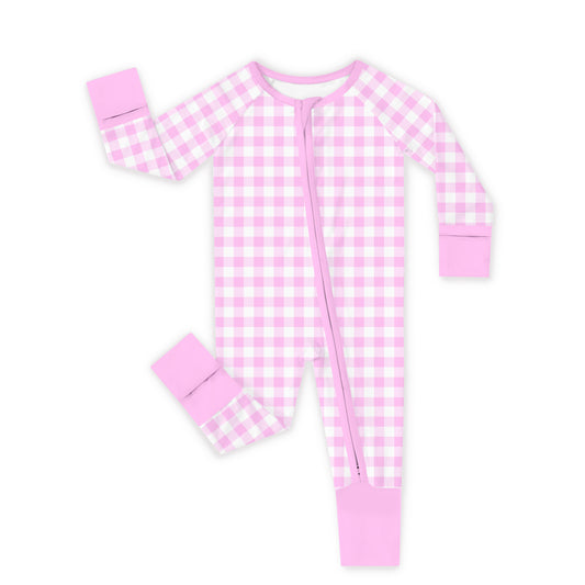 Pink Blush Check Sweet Dreams Bamboo Zipper Romper Pajamas bamboo clothing design - baby apparel bamboo clothing with custom design - baby wear front view