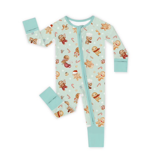 Gingerbread Print Bamboo Baby Romper Close-Up - Soft Bamboo Viscose Fabric and Holiday Pattern Detail