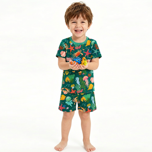 Ocean Crab And Coral Reef Green Kids Bamboo Two Piece Pajama Short Sleeve Set bamboo clothing design - baby apparel bamboo clothing with custom design - baby wear front view