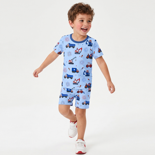 4th of July Stars Truck and Fireworks Kids Bamboo Two-Piece Pajama Set - MIOZING bamboo baby clothes