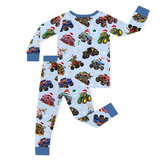 Christmas Colorful Truck Ride Game On Blue Kids Bamboo Two Piece Pajama Set bamboo clothing design - baby apparel bamboo clothing with custom design - baby wear front view