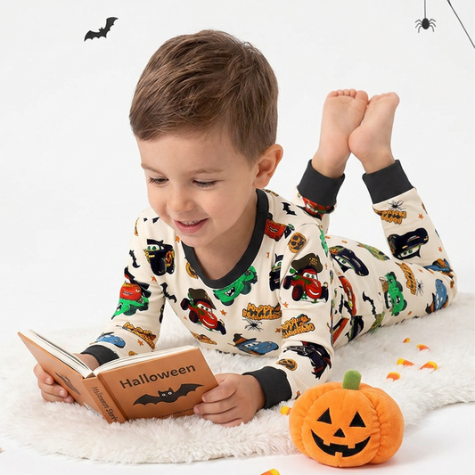Halloween Smiley Face Car And Bus Pumpkin Kids Two Piece Pajama Set bamboo clothing design - baby apparel bamboo clothing with custom design - baby wear front view