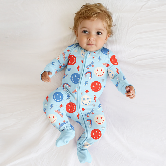 4th of July Smiley Faces and Colorful Rainbows Sky Blue Baby Bamboo Zipper Pajama Romper - MIOZING bamboo baby