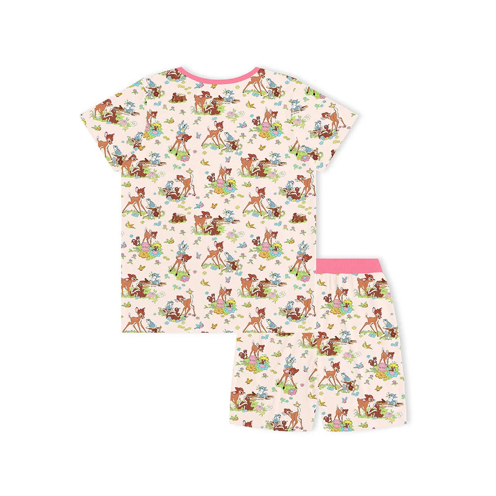 Little Deer Flowers Animals Pink Bamboo Family Short Matching Pajamas