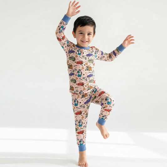 Car pattern bamboo fabric kids pajamas separate top bottom detailed view front