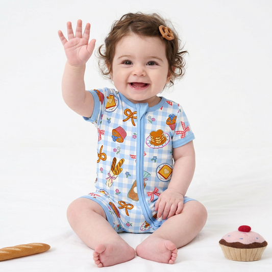Sweet Bakery And Flower Bow In Blue Check Short Bamboo Zippy Baby Romper bamboo clothing design - baby apparel bamboo clothing with custom design - baby wear front view