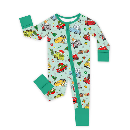 Christmas Little Cars Wheels And Candy Cane Cruise Bamboo Zipper Romper Pajamas bamboo clothing design - baby apparel bamboo clothing with custom design - baby wear front view