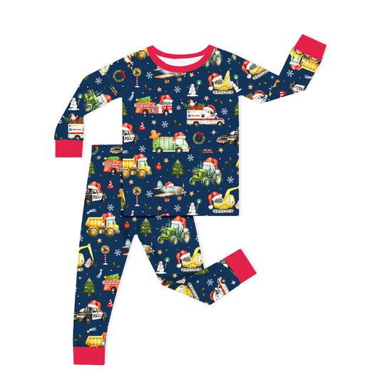 Red Christmas Truck Print Bamboo Baby Romper Close-Up - Vibrant Holiday Pattern and Fabric Detail