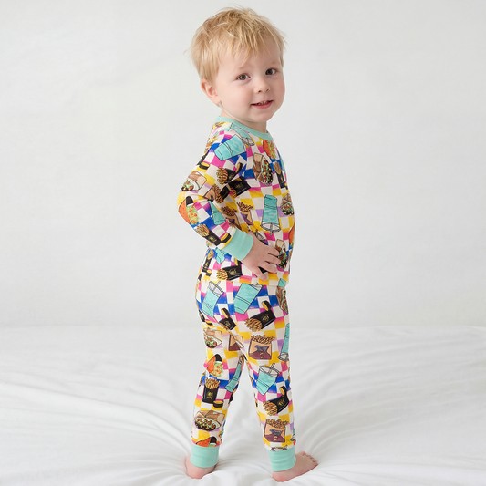 Food cartoon pattern bamboo fabric kids long sleeve pajama set detailed lunch