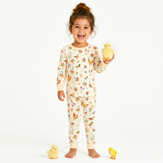 Farm Duck And Chicken In Wildflower Floral Kids Bamboo Two Piece Pajama Set bamboo clothing design - baby apparel bamboo clothing with custom design - baby wear front view