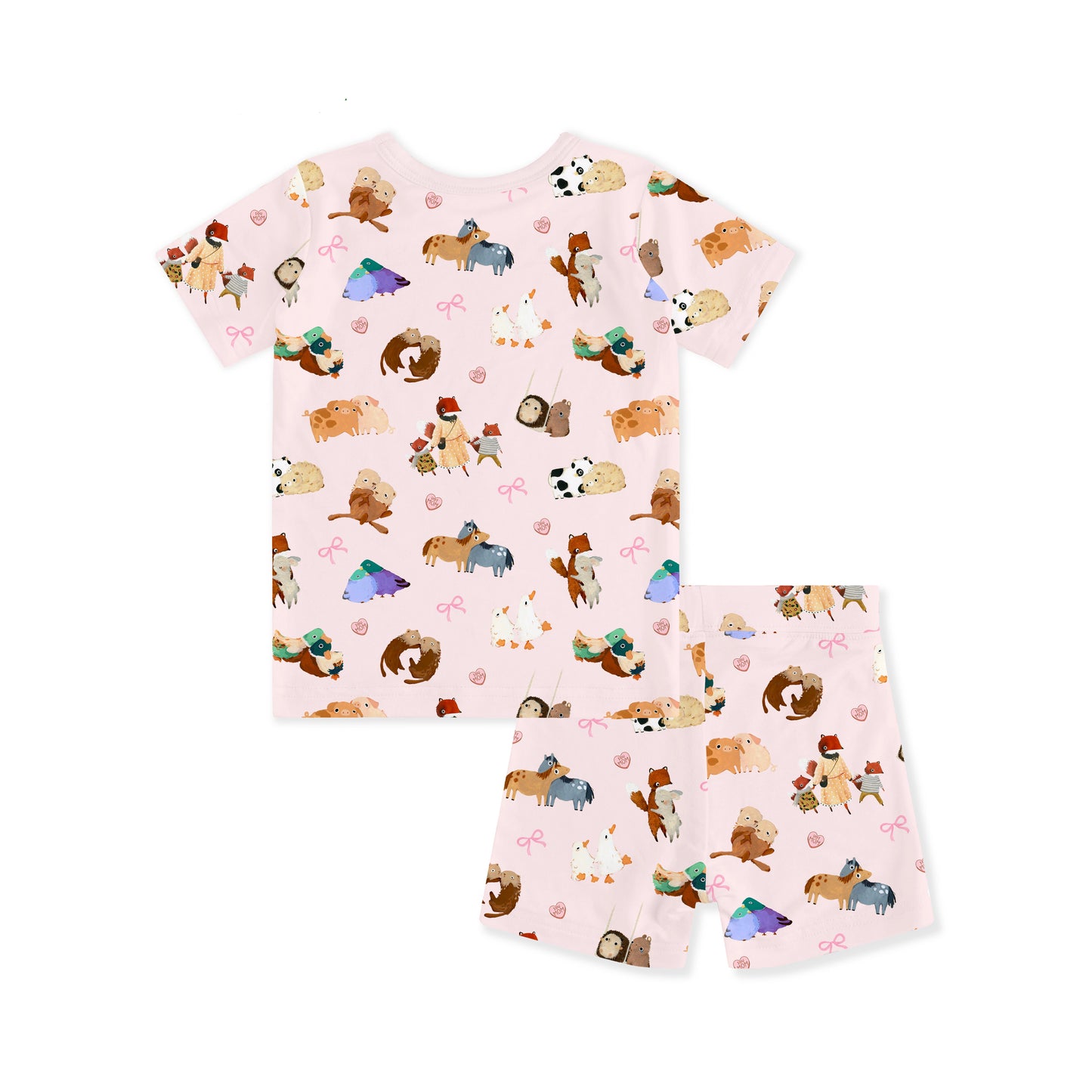 Mother's Day Sweet Farm Friends and Hearts Bows Kids Bamboo Two-Piece Pajama Short Sleeve Set