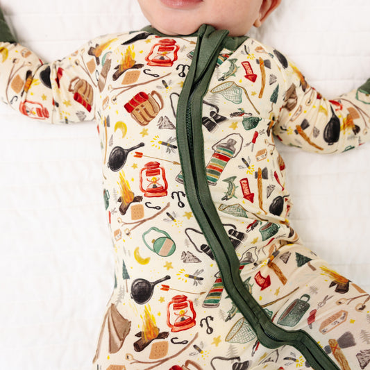 Outdoor Camping Print Baby Bamboo Zipper Romper Pajamas bamboo clothing design - baby apparel bamboo clothing with custom design - baby wear front view
