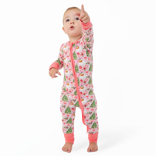 Santa Claus Christmas Tree Pink Bamboo Zipper Romper Pajamas - Image 2 - MIOZING