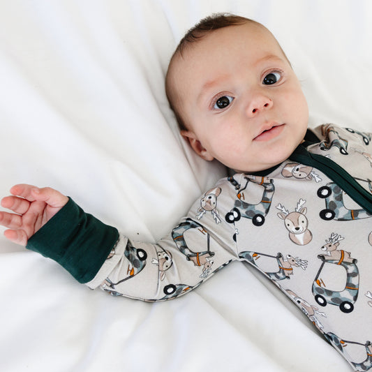 Christmas Deer Car Baby Bamboo Zipper Romper Pajamas bamboo clothing design - baby apparel bamboo clothing with custom design - baby wear front view