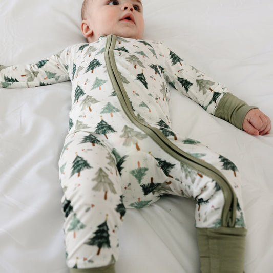 Christmas Tree Green Baby Bamboo Zipper Romper Pajamas bamboo clothing design - baby apparel bamboo clothing with custom design - baby wear front view