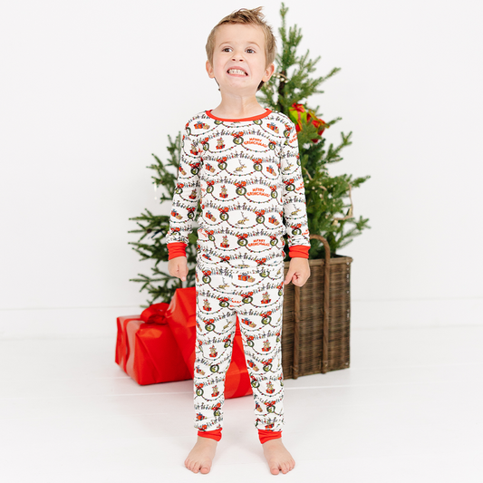 Christmas Green Face Cheer Kids Bamboo Two Piece Pajama Set bamboo clothing design - baby apparel bamboo clothing with custom design - baby wear front view