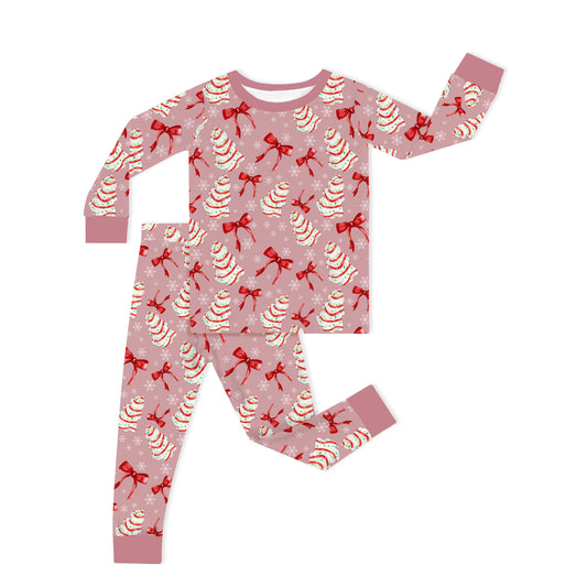 Christmas Pink Tree Cakes And Bows Kids Two Piece Pajama Set bamboo clothing design - baby apparel bamboo clothing with custom design - baby wear front view