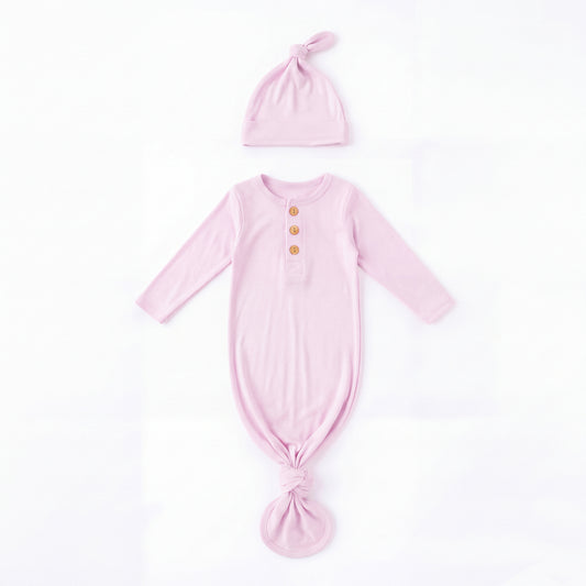 Soft Pink Solid Baby Bamboo Knotted Gown with Hat Set