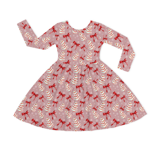 Christmas Pink Tree Cakes And Bows Kid Bamboo Long Sleeve Dress bamboo clothing design - baby apparel bamboo clothing with custom design - baby wear front view