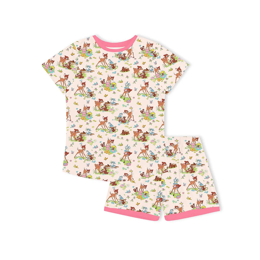 Little Deer Flowers Animals Pink Bamboo Family Short Matching Pajamas