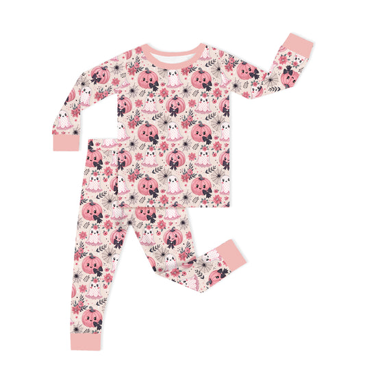 Halloween Pink Pumpkin And Sweet Ghosts Bamboo Two Piece Pajama Set bamboo clothing design - baby apparel bamboo clothing with custom design - baby wear front view