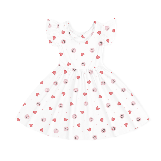 Sweet Hearts And Smiley Faces Pink Kids Bamboo Short Sleeves Dress bamboo clothing design - baby apparel bamboo clothing with custom design - baby wear front view