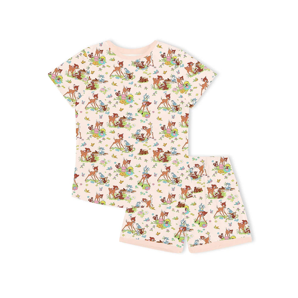 Little Deer Flowers Animals Bamboo Family Short Matching Pajamas