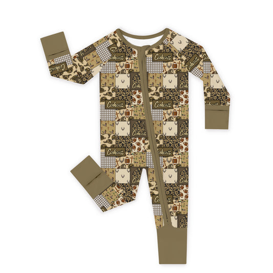 Camo And Football Western Hunting Patchwork Bamboo Zipper Romper Pajamas bamboo clothing design - baby apparel bamboo clothing with custom design - baby wear front view