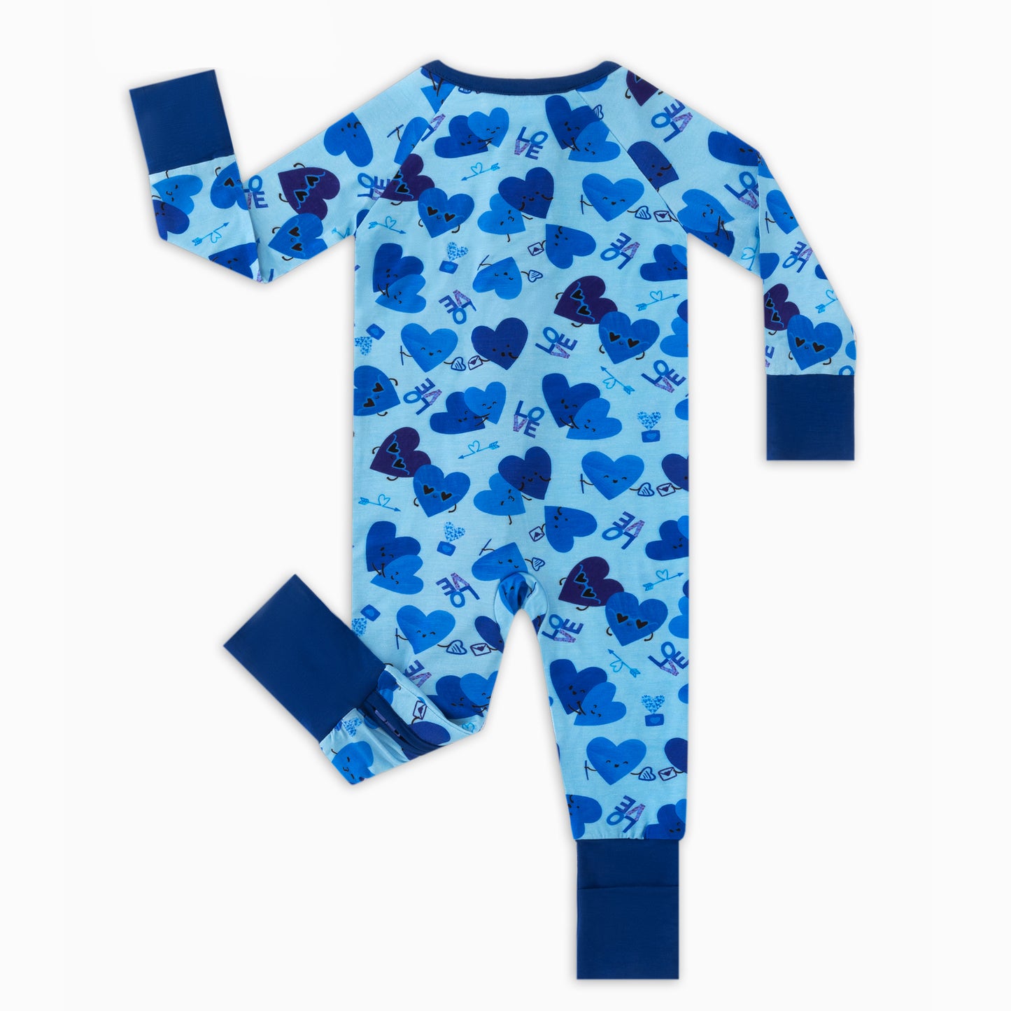 Baby Bamboo Zipper Pajama Romper Blue Love and Heart Hugs