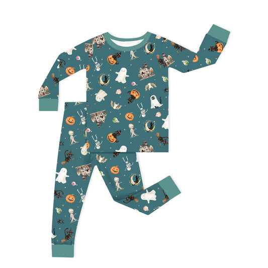 Halloween Spooky Ghost Pumpkin Patch Bamboo Two Piece Pajama Set bamboo clothing design - baby apparel bamboo clothing with custom design - baby wear front view