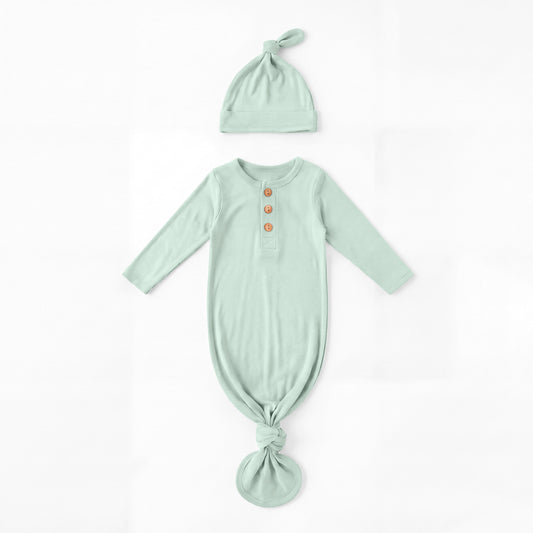 Sage Green Solid Baby Bamboo Knotted Gown with Hat Set