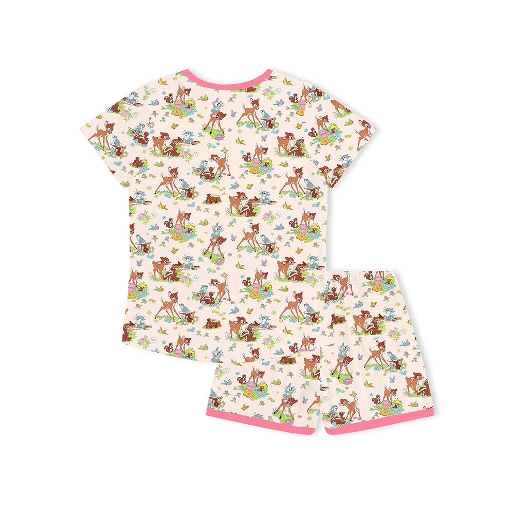 Little Deer Flowers Animals Pink Bamboo Family Short Matching Pajamas