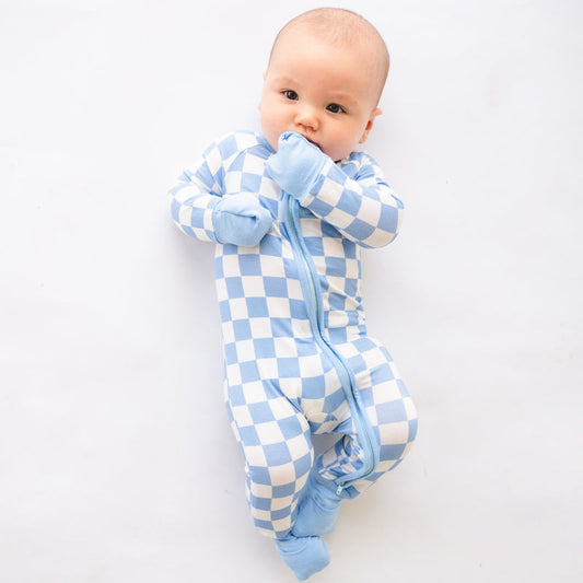 Baby Bamboo Zipper Pajama Romper Blue Checkerboard Design - MIOZING bamboo baby clothes