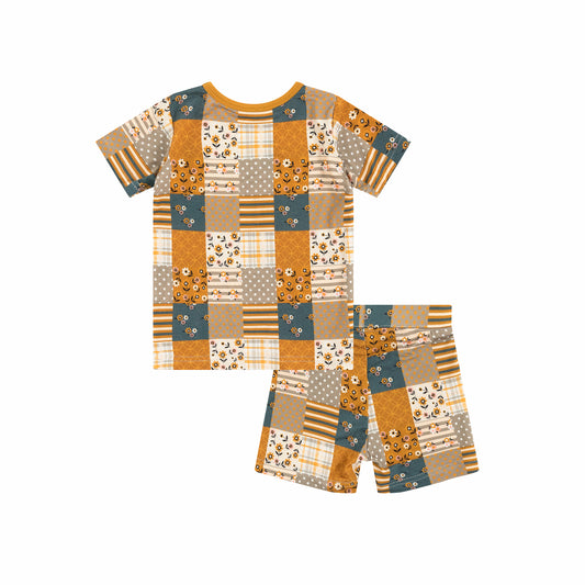 Yellow Grid Kids Bamboo Two Piece Pajama Short Sleeve Set bamboo clothing design - baby apparel bamboo clothing with custom design - baby wear front view