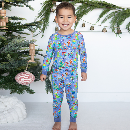Christmas Toy And Dinosaur Friends Party Kids Bamboo Two Piece Pajama Set bamboo clothing design - baby apparel bamboo clothing with custom design - baby wear front view