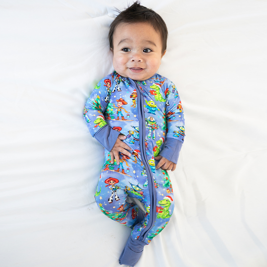 Christmas Toy And Dinosaur Friends Party Baby Bamboo Zipper Romper Pajamas bamboo clothing design - baby apparel bamboo clothing with custom design - baby wear front view