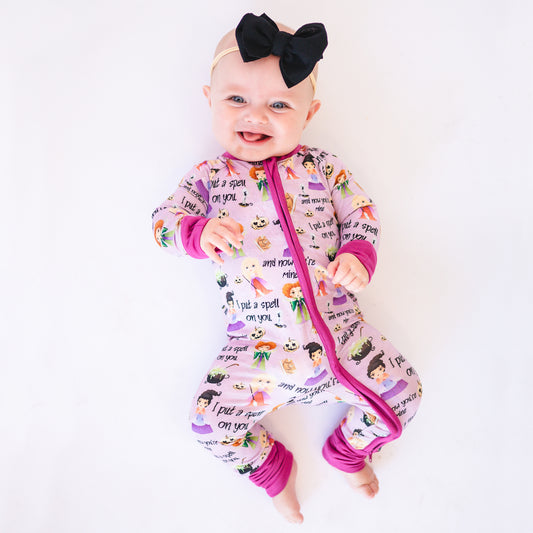 Halloween Three Crazy Witch Bamboo Viscose Zip Romper Pajamas bamboo clothing design - baby apparel bamboo clothing with custom design - baby wear front view